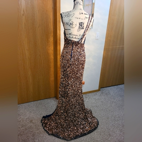 NWT Aleta rose gold navy sequin slit one shoulder prom pageant formal dress - Picture 3 of 6